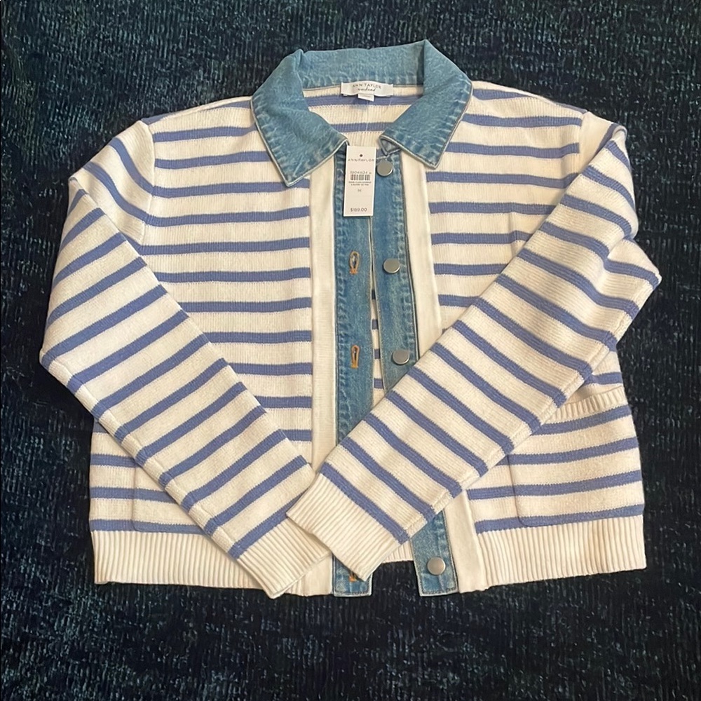 Ann Taylor Striped Denim Collar Cardigan